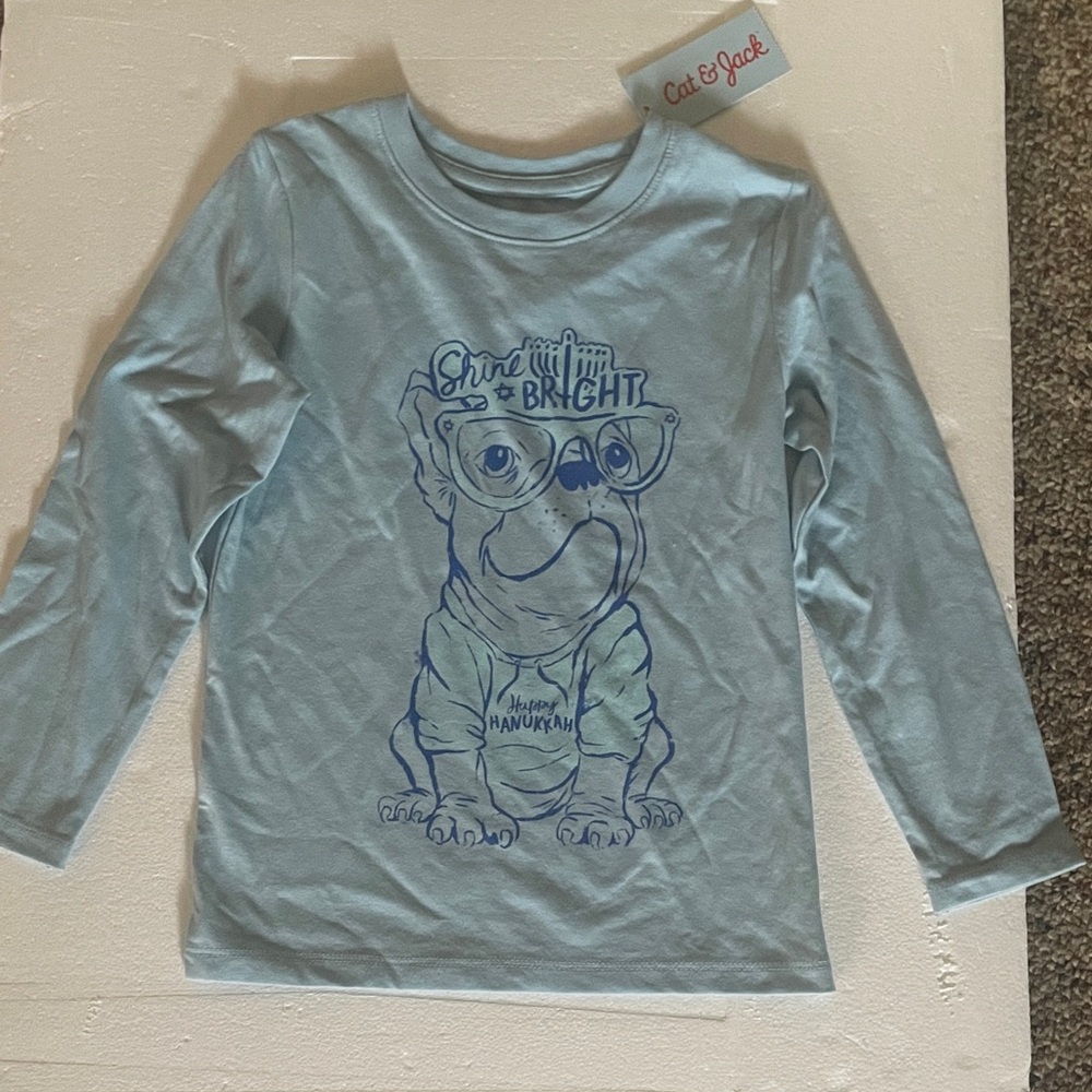 Cat & Jack Light Blue Long Sleeve Shirt with Bulldog GraphicHappy Hanukkah 5T